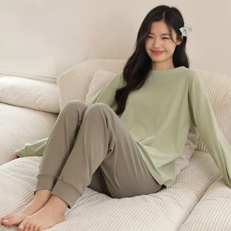 

2024 New Pajama Women Autumn Winter Sanding Sleepwear Round Neck Pullover Contrast Color Homewear Korean Version Warm Loungewear