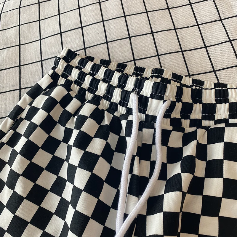 Women's 2024 Summer New Korean Thin Elasticized High-waisted Drawstring Plaid Pocket Spliced Shorts Casual Straight Sports Pants