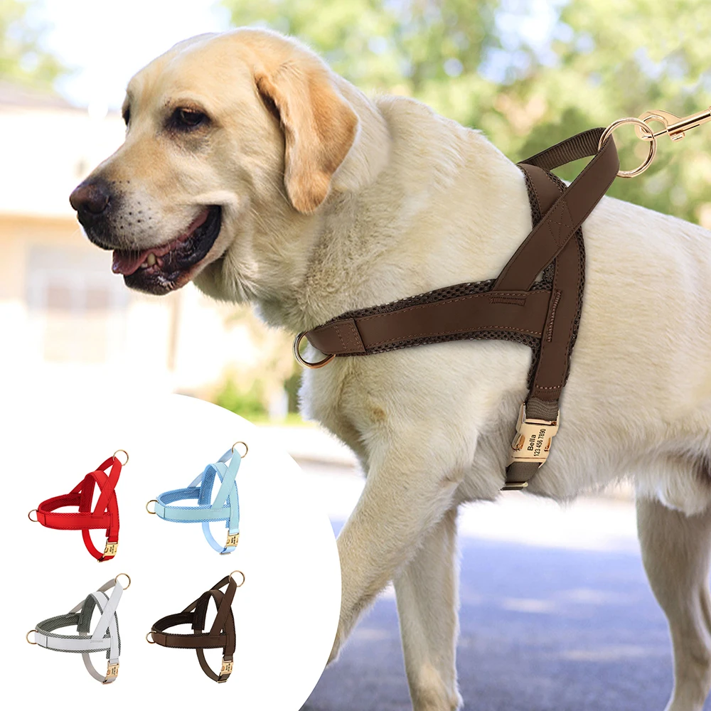 Personalisiertes großes Hundegeschirr, verstellbar, graviertes Mesh-Leder, Haustiergeschirr, Weste für kleine, mittelgroße und große Hunde, Heimtierbedarf, XS-XL
