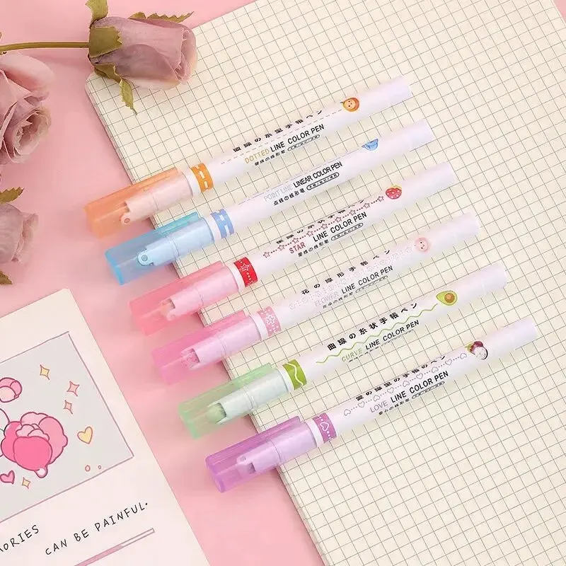 Highlighter Pen 6pcs/set Line Shaped Roller Tip