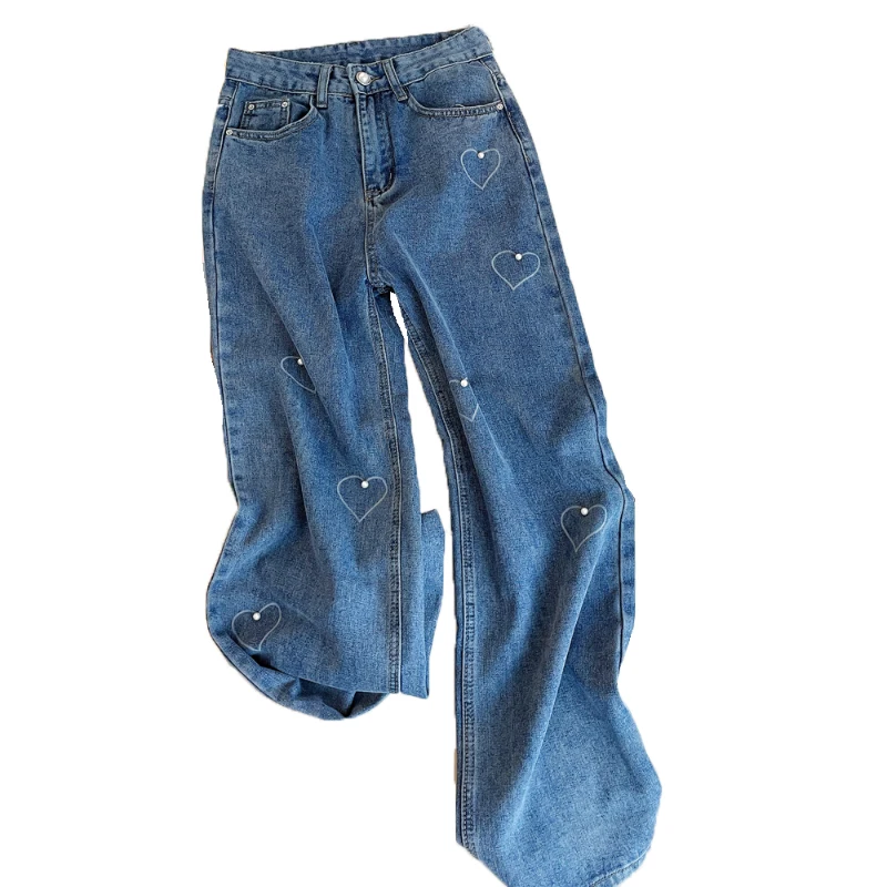 Women's Denim Pants Korean Style Solid Color High Waist Ankle-Length Straight Wide Leg Jean Pant for 18-24 Years Old