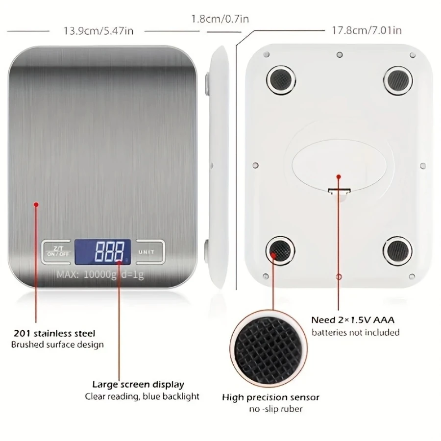 Digital Scale Kitchen Scale Weighing Tools 10kg/1g Multifunction Electric Digital Kitchen Food Scale LCD Display High Precise Waterproff Measuring Scale with Stainless St