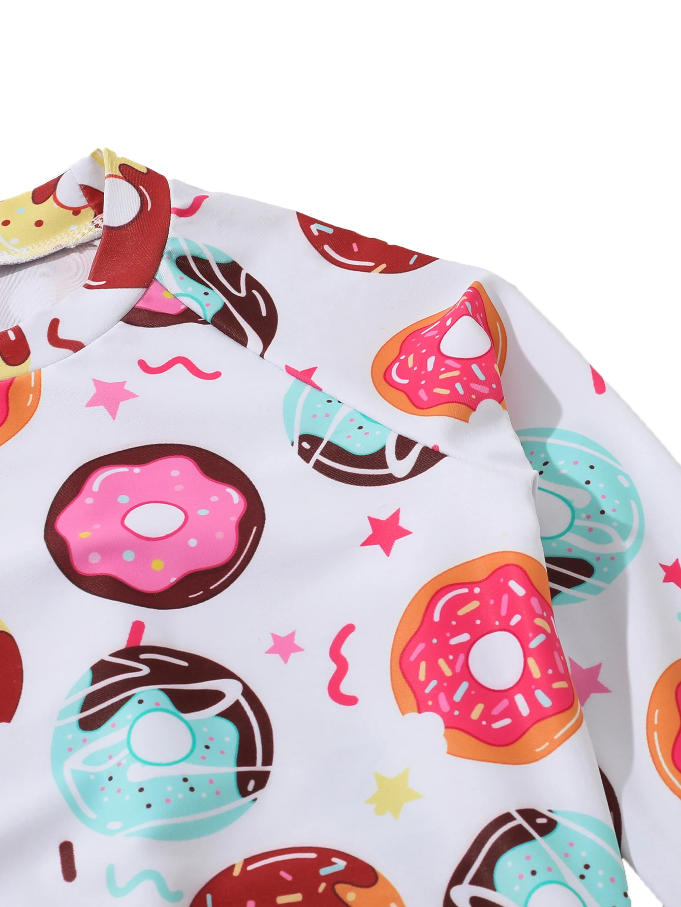 Cute Cartoon Doughnut Pattern Girl Long Sleeved Swimsuit Two-Piece Middle Child Summer Pool Beach Swimsuit