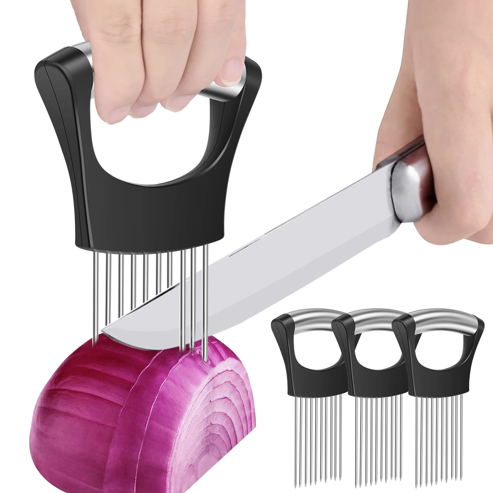 8/2pc Onion Slicers Assistant Tomato Onion Slicer Holder Stainless Steel Cutter Fork Kitchen Gadget Vege Cutting Fixing