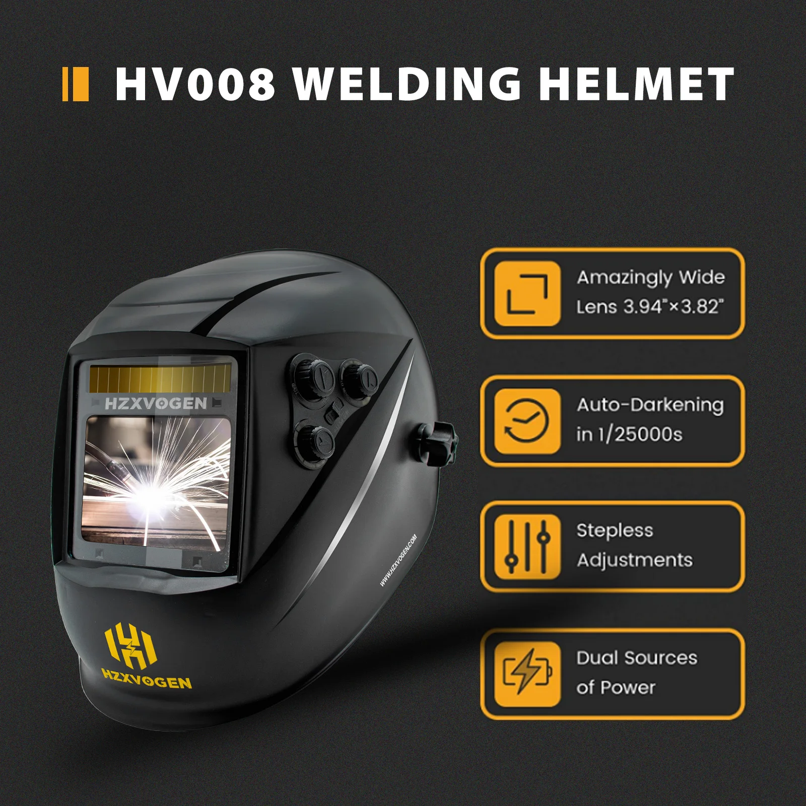 Casco per saldatura HZXVOGEN Oscuramento automatico - Ampio schermo di visualizzazione Cappuccio True Color Solar Lithium DIN4/5-9/9-13 1/1/1/2 - immagine 2