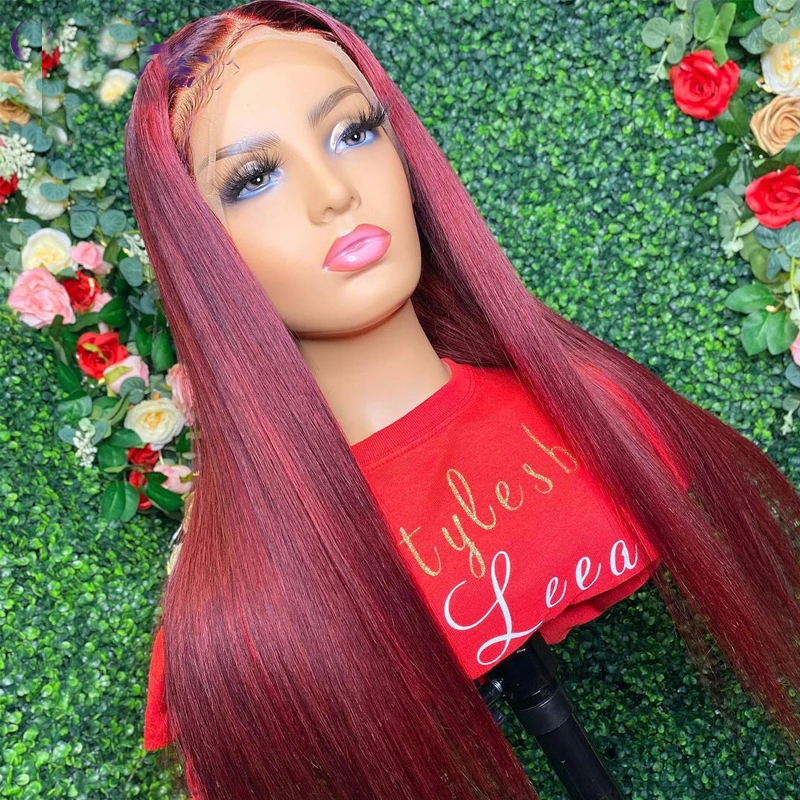

Preplucked 26 Inch Long 180%Density 99j Glueless Burgundy Straight Lace Front Wig With BabyHair Heat Temperature Daily Cosplay