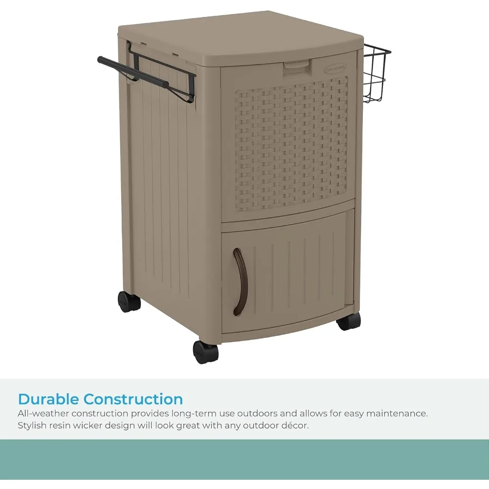Resin 77 Quart Wicker-Look Outdoor Patio Cooler with Wheels, Hinged Lid, Built-In Storage Basket and Cabinet for Outdoor 6