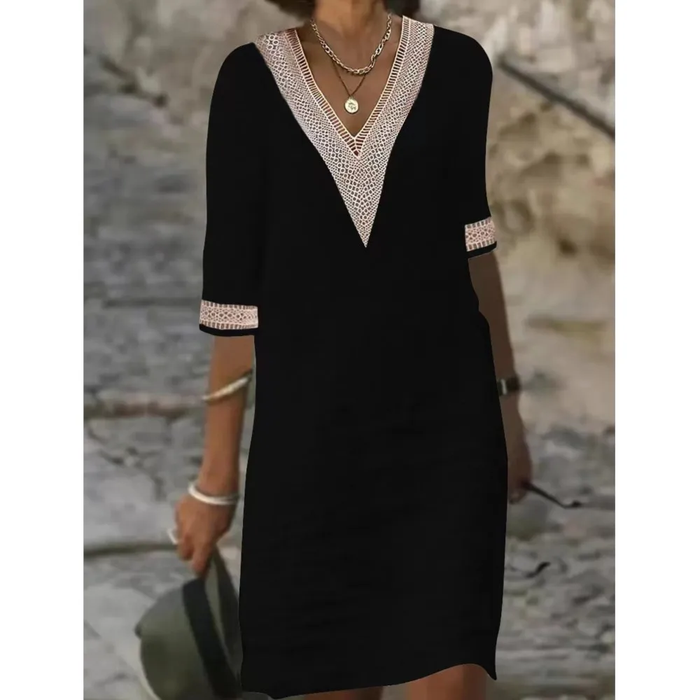 Fashion Lace V Neck For Women's Vintage Cotton Linen Dresses Summer Casual  Simple Elegant Female Mid Sleeve Dress - AliExpress 200000345