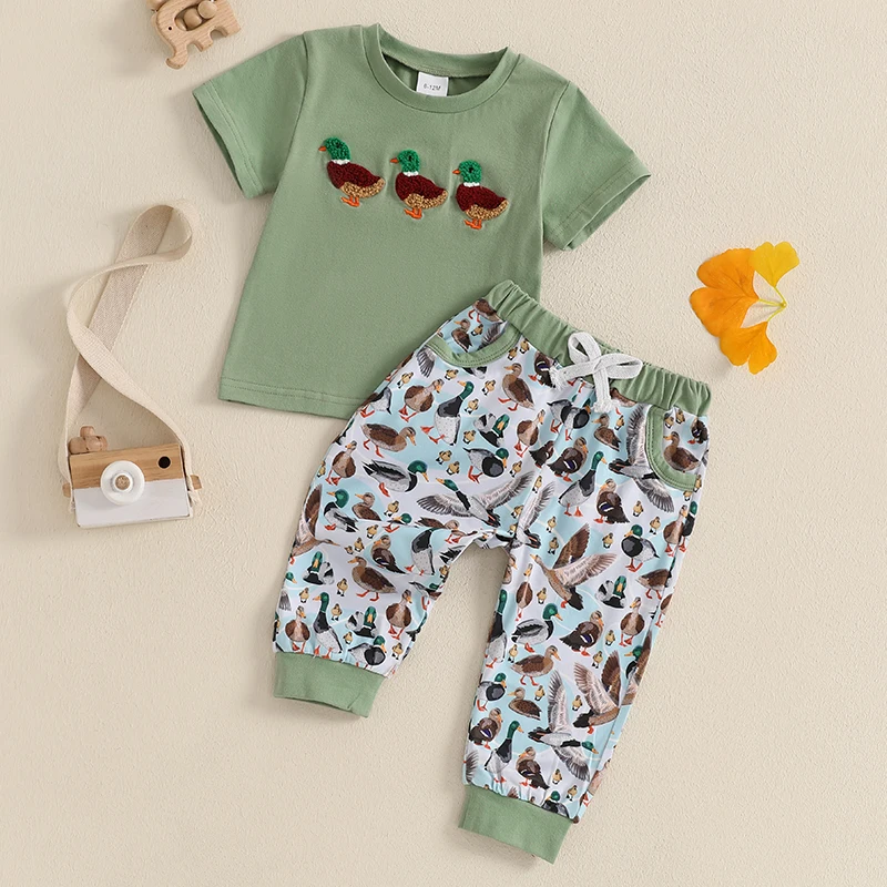 -11-11 Lioraitiin 0-3Y Cute Baby Boys Outfit Summer Duck Embroidery Short Sleeve T-Shirt and Elastic Pants Set