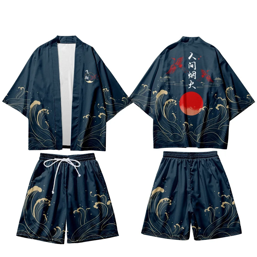 Japanese Kimono Plus Size 5XL Japanese Kimono Cardigan Shorts Set Print Tradition Yukata Haori Cosplay Costume