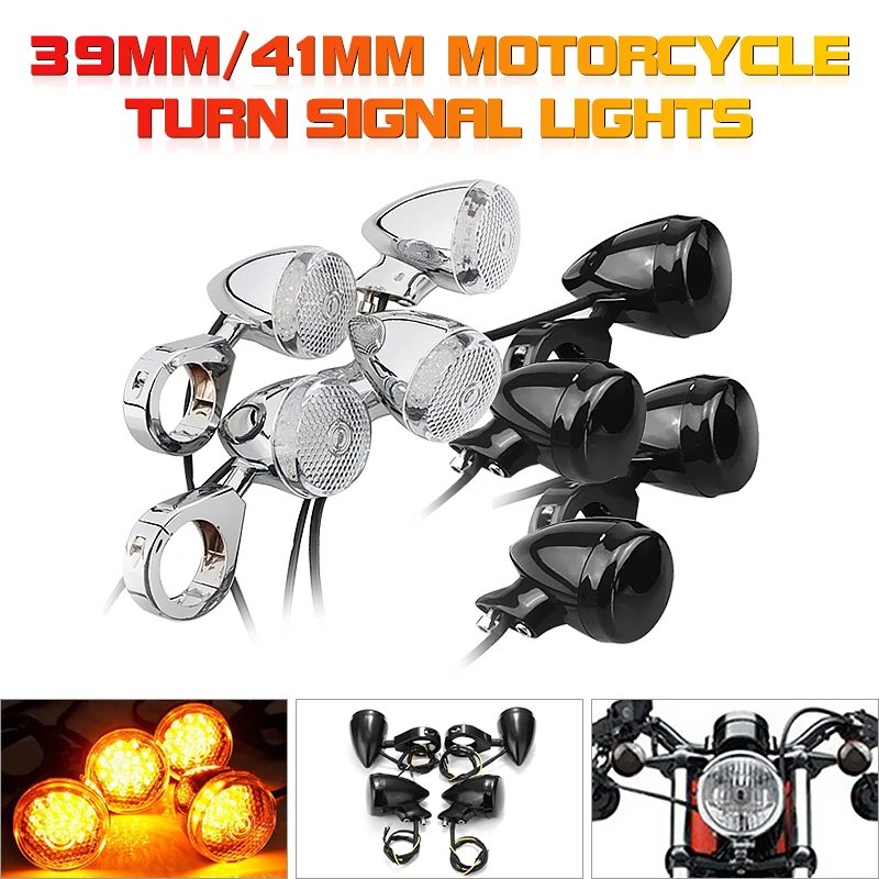 할리 오토바이 LED 방향 지시등, 전방 후방 포크 클램프 포함, 크롬 및 블랙 하우징, 39mm, 41mm