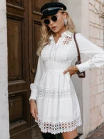Elegant hollow out lace ruffle white women dress lady button shirt dresses high waist short