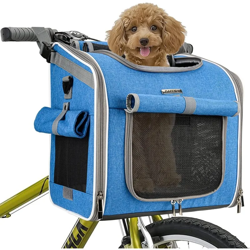 Dog Bike Basket, Expandable Soft-Sided Pet Carrier Backpack with 4 Open Doors, 4 Mesh Windows for Small Dog Cat Puppies-Black