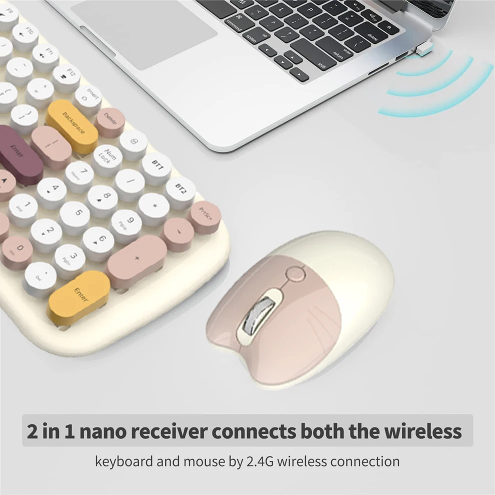 BOW Niedliches 2,4-GHz-Funk-Bluetooth-Tastatur-Maus-Set mit runden Tastenkappen für PC, Laptop, Smartphone und Tablet_voghion.com