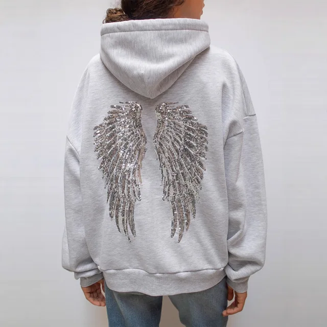 Fashion Wings Beads Sweathirts Women Oversized Hoodies Fleece Lining Sequined Casual Pullover Top Y2K Clothes Lady Outfits 2026 2