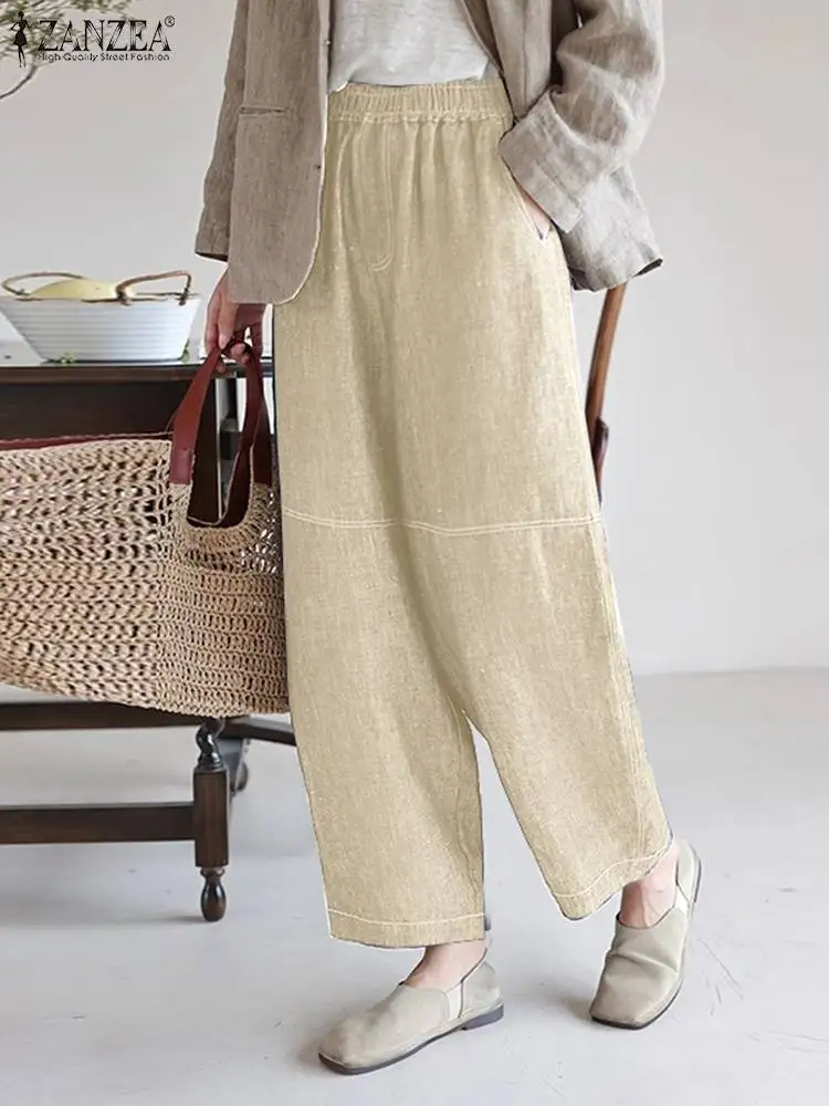 

ZANZEA Elegant Elastic Waist Pantalones Women Denim Long Pants Casual Loose Harem Trousers 2023 Autumn Solid Pockets Bottoms