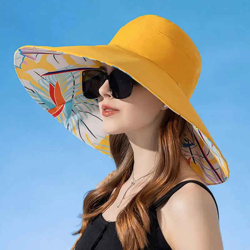  - 18cm Large Brim Women Sun Hat Luxury Double Sided Wearable Plant Printing Cotton Bucket Cap Light Breathable Summer Top Hat