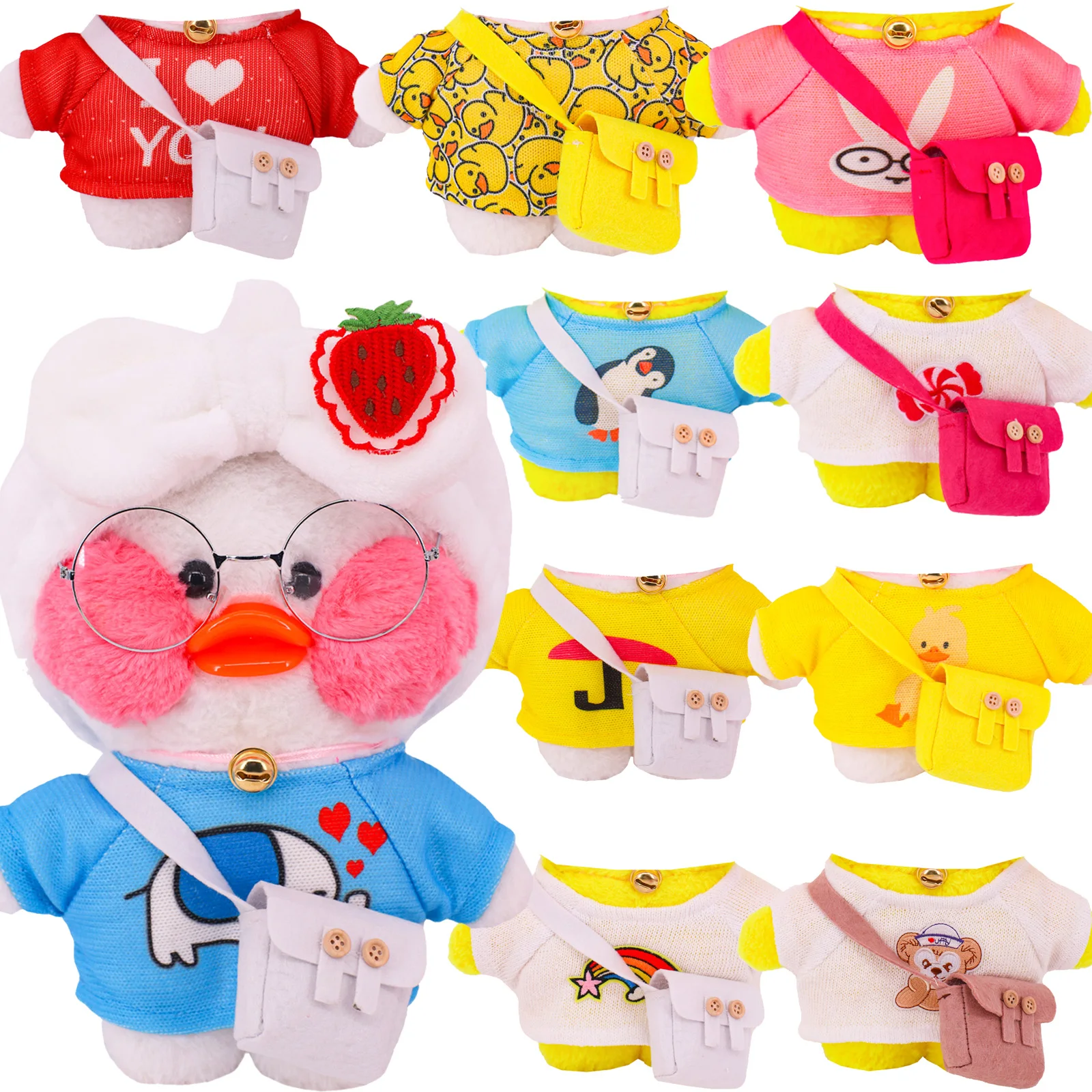 

2 Pcs/set=T-shirt+Bag Fit 30 Cm Duck Dolls Clothes Cartoon Animal Print Lalafanfan Plush Stuffed Toy Doll Accessories Kids Gifts