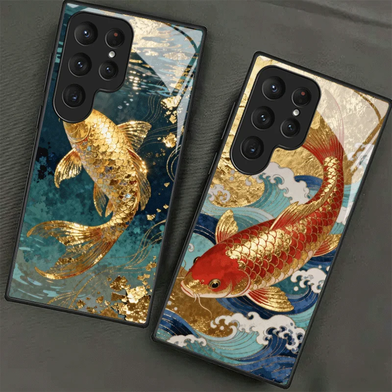 Golden Carp Lucky Koi Glass Phone Case - Shockproof Cover Shell