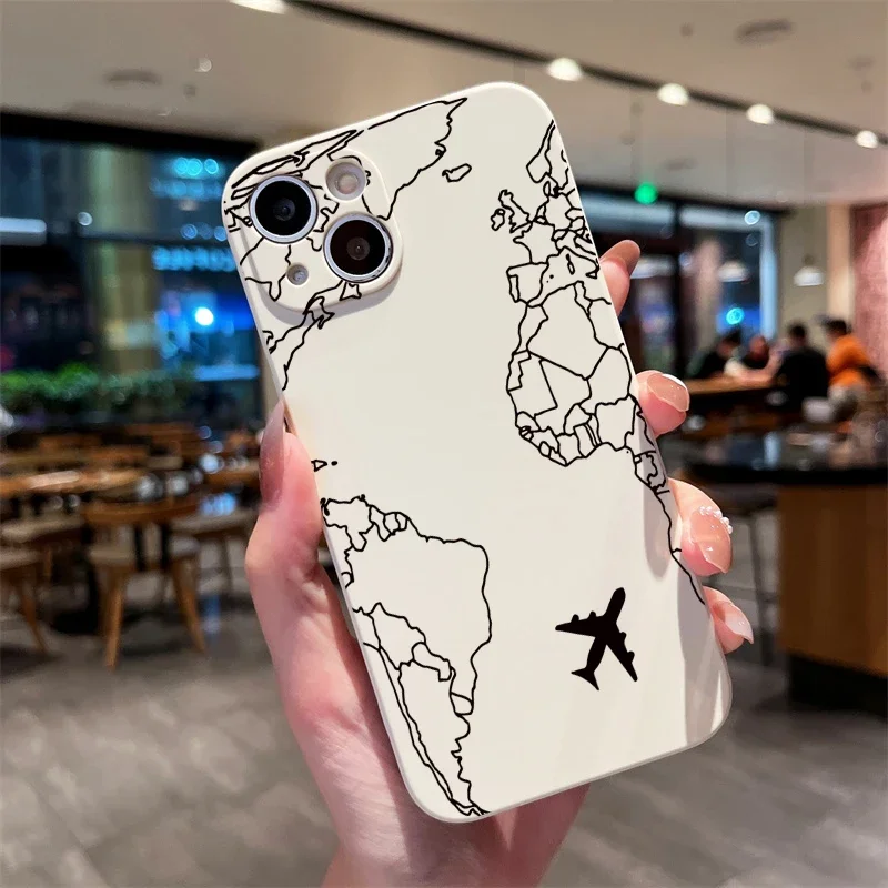 thumbnail image 1 of Funda de viaje con mapa del mundo de aviones para iPhone, 15 Pro Max, 14, 13, 12, 11, XS, XR, X, 7, 8 Plus, SE 2022, funda suave a prueba de golpes, 1 of 5