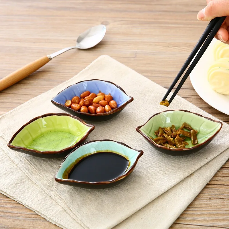 Ceramic Seasoning Plates Kitchen Bowl Ceramic Seasoning Plates Creative Ice Crack Glaze Leaf Small Plates 10*7.5*3cm