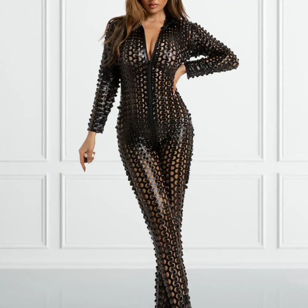 

Hollow Out Jumpsuit Elegant Stand Collar Women's Jumpsuit for Pole Dance Jazz Stage Performance Slim Fit Hollow Out Hole Design