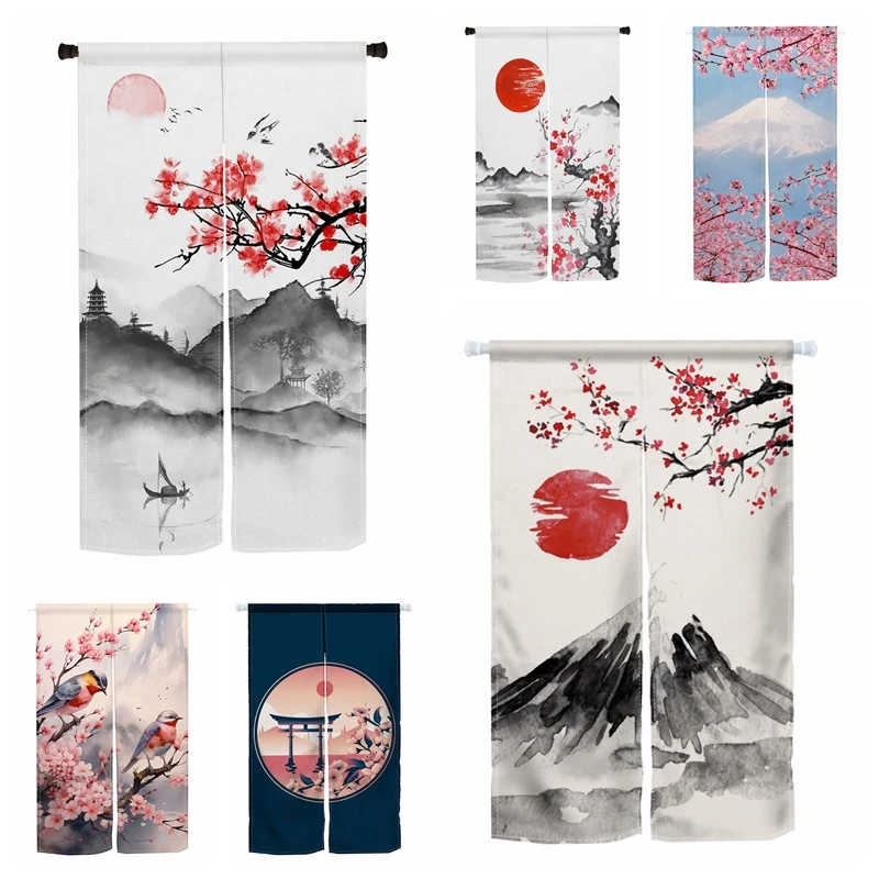 

Japanese Ink Printing Door Curtain Cherry Blossom Mountain Partition Kitchen Doorway Drapes Entrance Noren Hanging Half-curtains