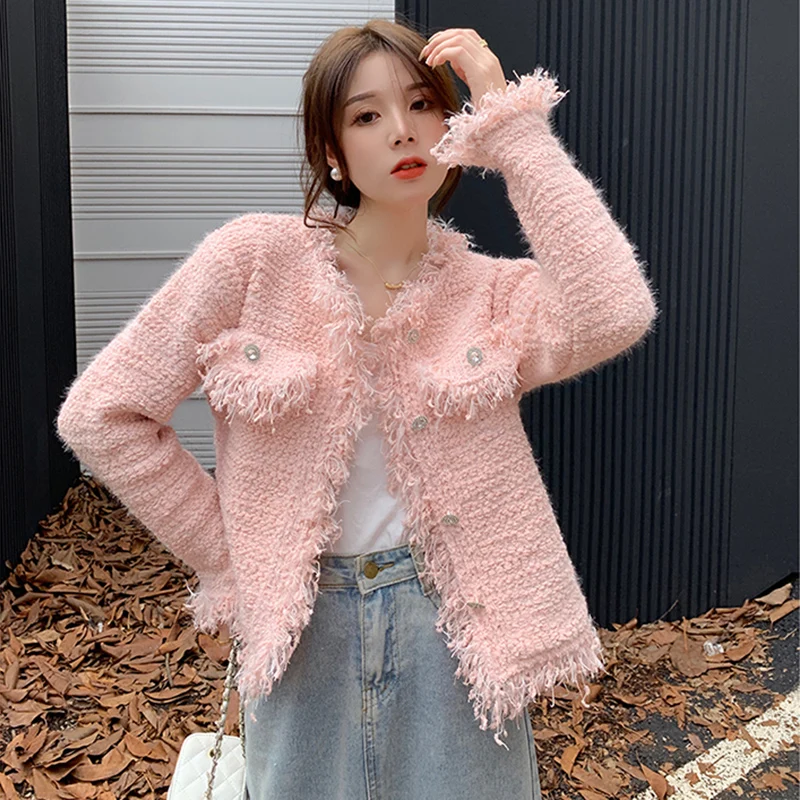 

New Fringed Sweater Jacket Top Women Fall 2022 Short Clothing Casual Solid Knit Cardigan Coat Female V-Neck Warm Sweater Outwear