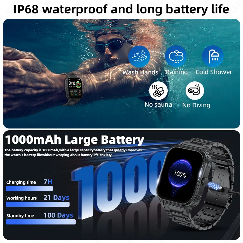LIGE 1000mAh Large Capacity Battery Smart Watch Men Outdoor IP68 Sports Fitness Tracker Voice Calling 2.04" HD Women Smartwatch