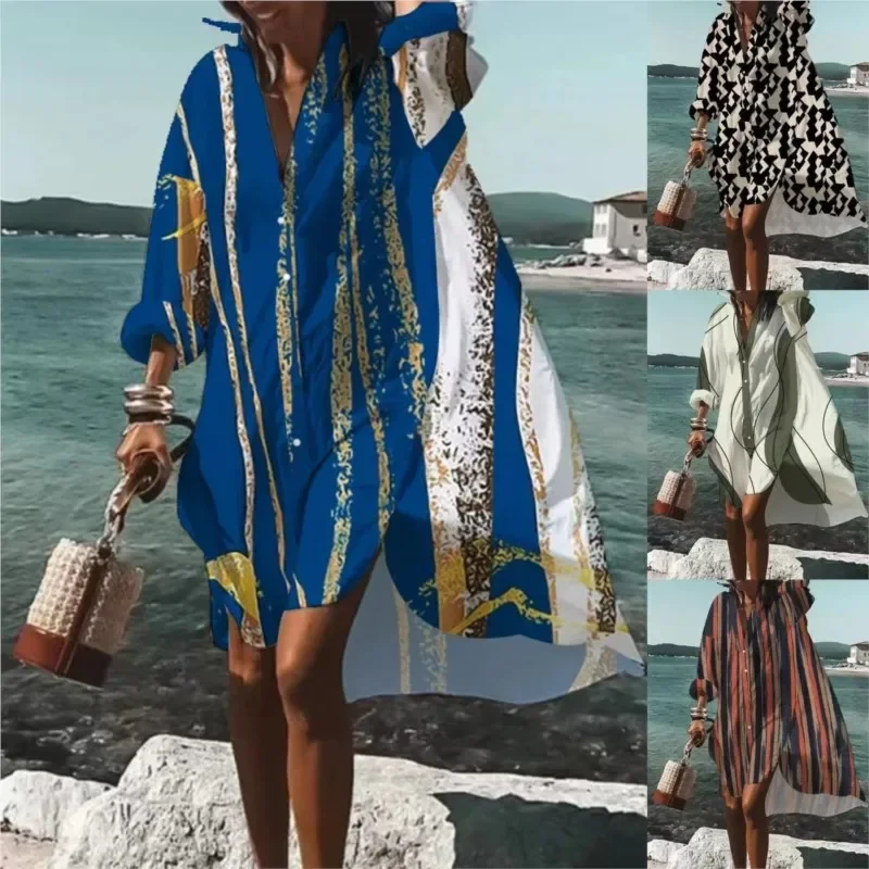

Fashionable Woman Loose Fitting New Digital Printed Long Sleeved Lapel Shirt Dress Elegant Geometric Single Breasted Mini Dress