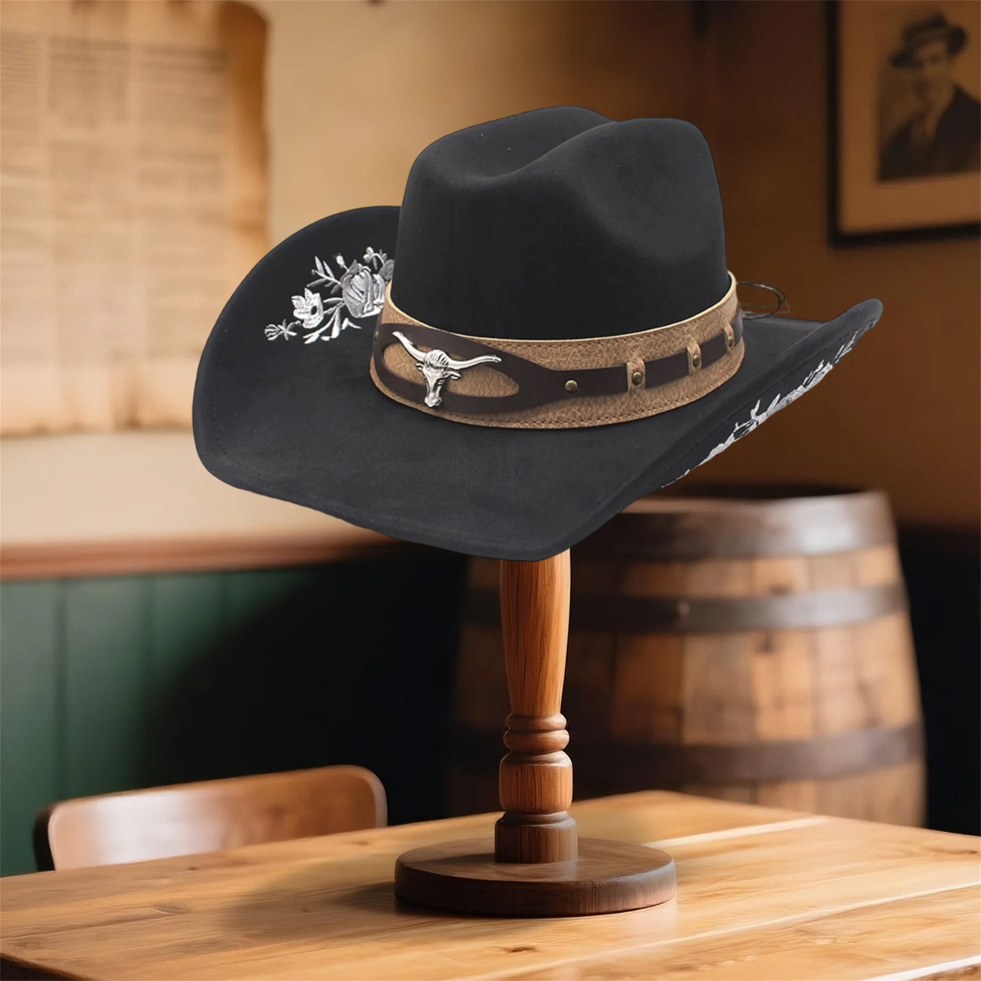 Vintage Leather Cowboy Hat with Concho Band and Feather Detail for Women Men Wide Brim Western Cap for Rodeo and Music Festival