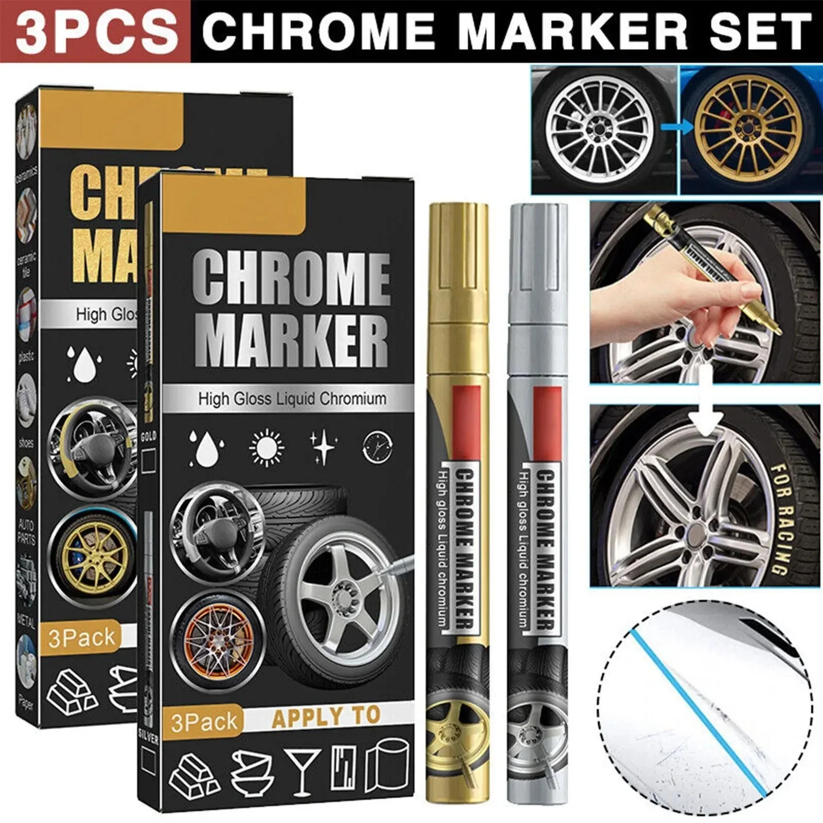 

3pcs Chrome Marker Pen Permanent Marker For Car Bike Motor Tires Tyre Marker Paint Pen Rubber Tyre Marker Metallic Markers