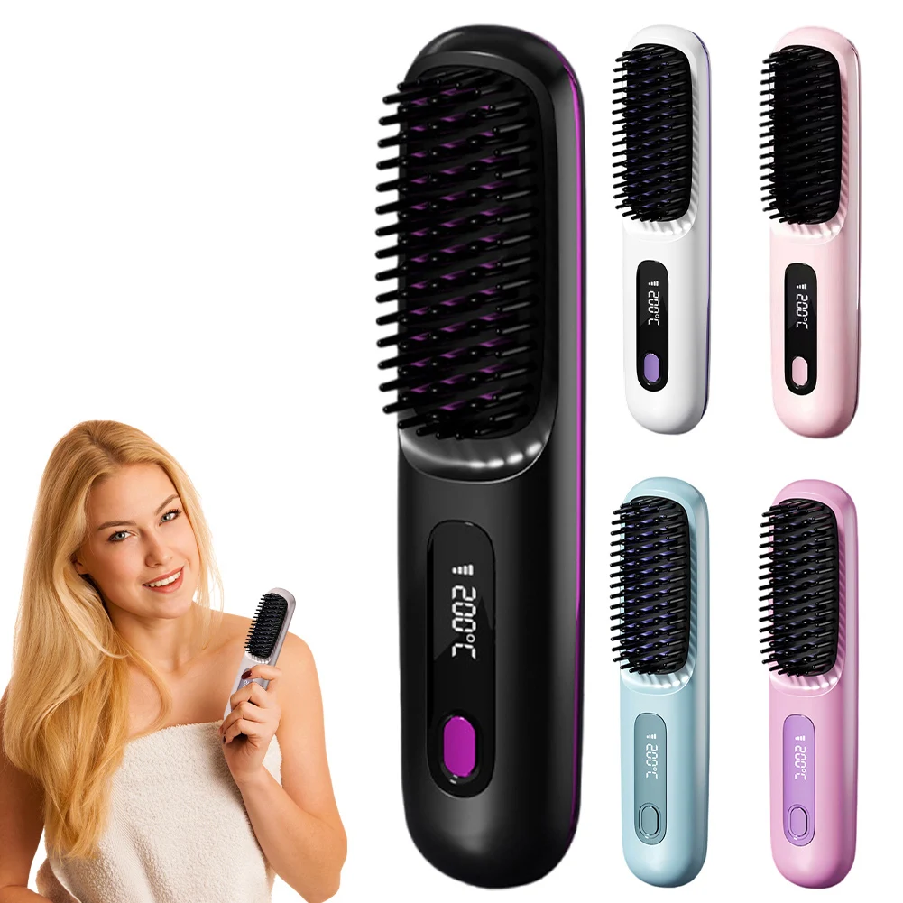 alt="Cordless heated brush for straightening, offering 3 heat settings for styling on the go.