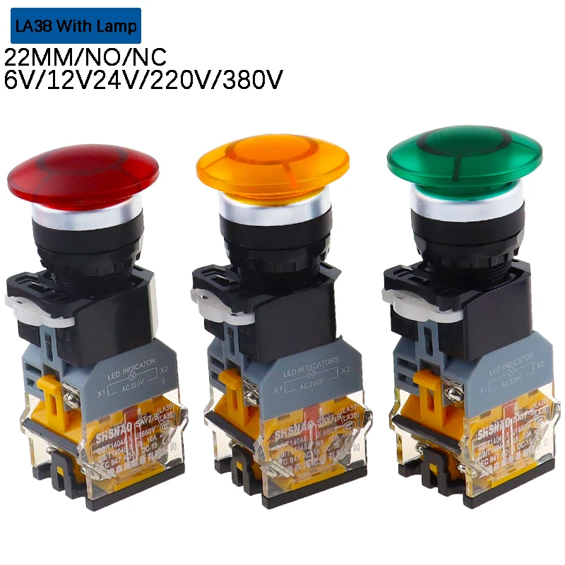 22mm-LA38-illuminated-Pushbutton-Switch-Self-Locking-Reset-Flat-Head ...