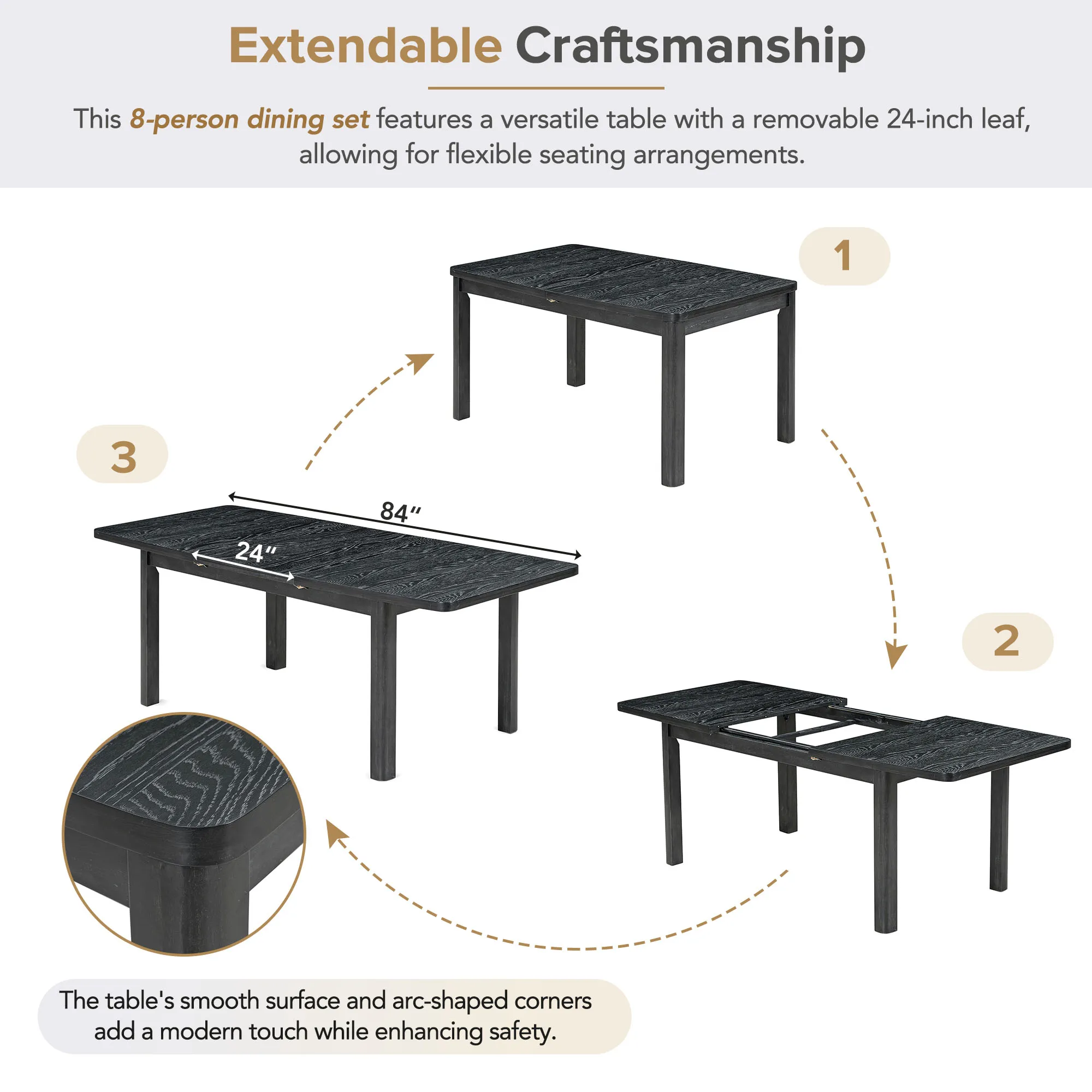 YQXH Rustic Extendable 84inch Dining Table Set with 24inch Removable Leaf , 6 Upholstered Armless Dining Chairs