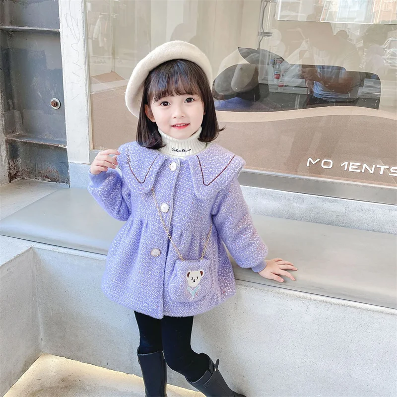 

Шерстяное пальто для девочек, ветровка, 2023 фиолетовое теплое Утепленное зимнее хлопковое пальто, детская одежда больших размеров