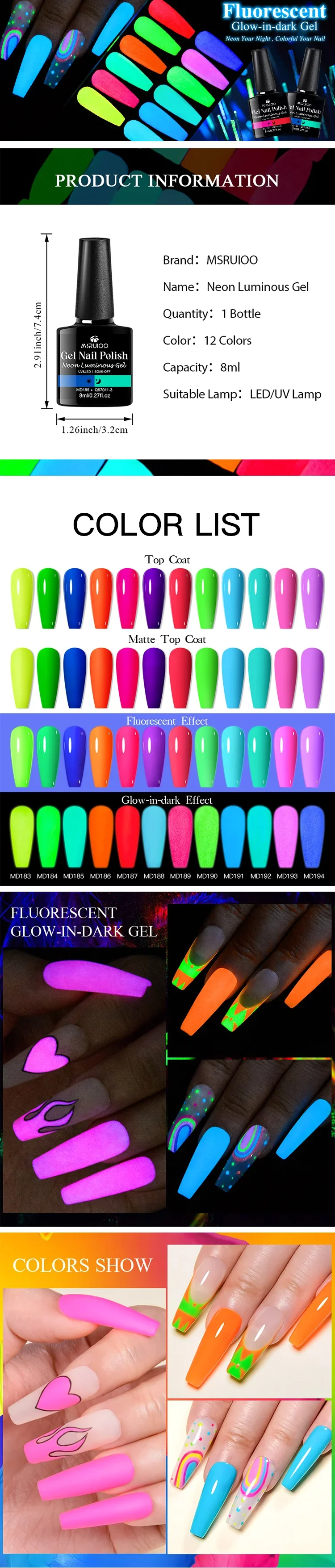 8 ml fluoreszierender, im Dunkeln leuchtender Gel-Nagellack, Neonfarbe, UV-LED-Nagelgel, Soak Off-Gel-Lack, leuchtendes Nail-Art-Gel für den Sommer – Detail 1