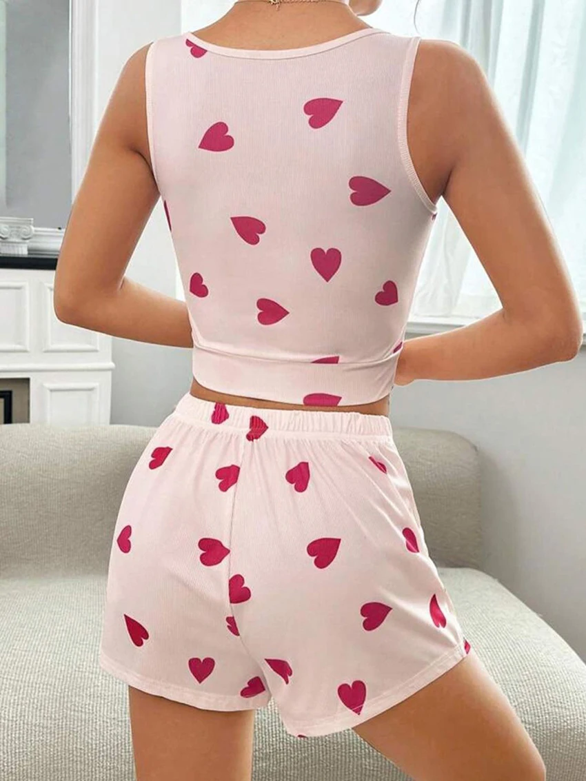 Marthaqiqi Causal Printing Ladies Pajamas Suit O-Neck Sleepwear Sleeveless Nightgowns Tank Tops Nightie Shorts Femme Pyjamas Set