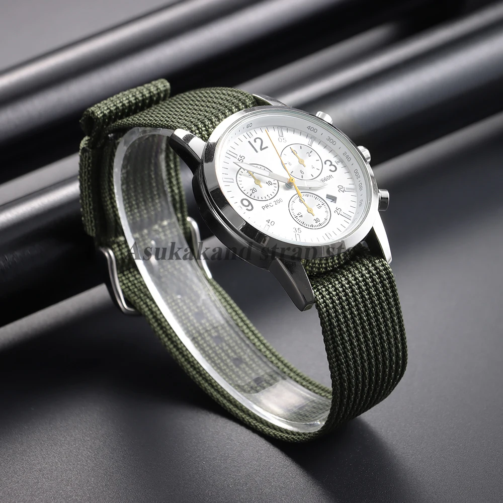 Black and Green Nylon Braided Men's Army Sports Watch Strap - Breathable and Wear-Resistant
