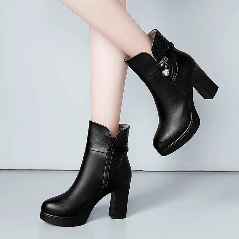High quality short ankle leather boots for women 9cm high heel platform new 2023 autumn winter 33 42 43 elegant shoe - black