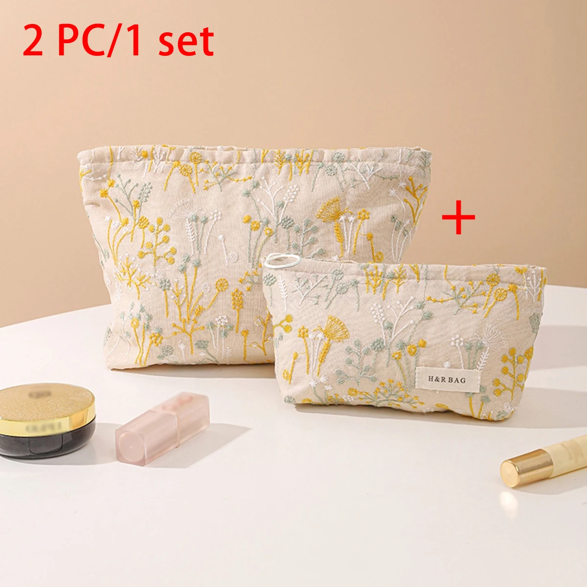 2 قطعة حقيبة مكياج جاكار زهرية كلاسيكية مع طباعة ع...
