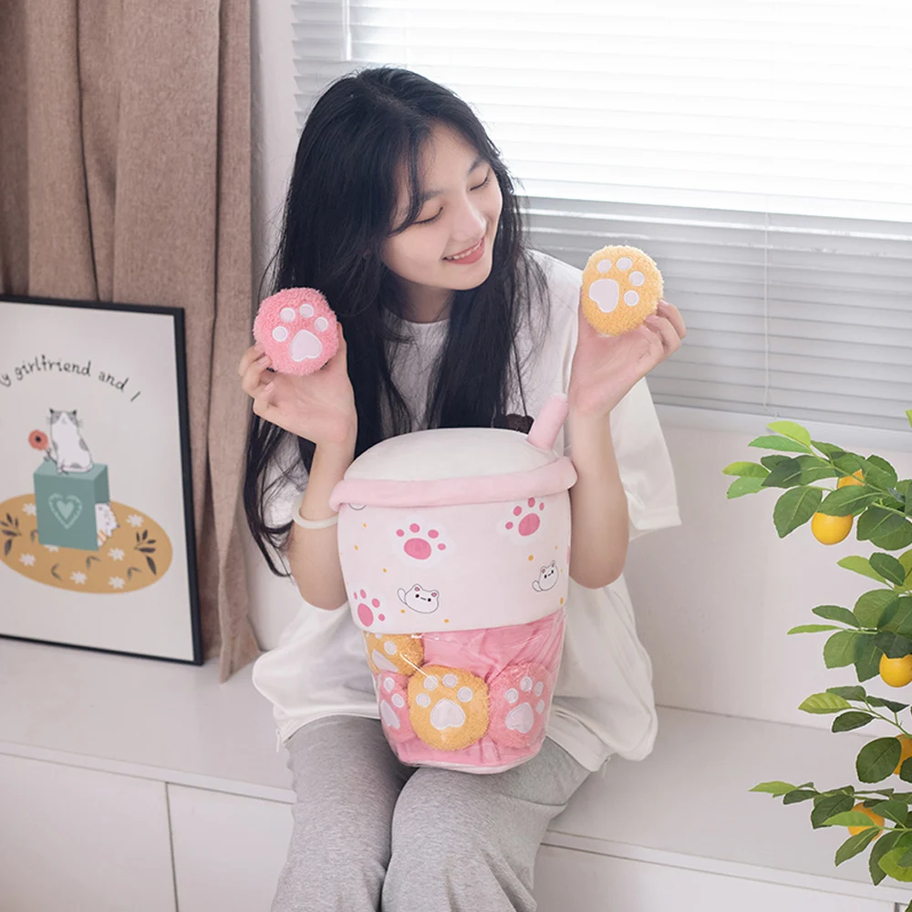 A Bucket Of 6pcs Boba Milk Tea Pudding Plush Toy Cat Paw Wolfberry Hug Creative Lohas Throw Pillow Cartoon Kids Gifts Sofa Decor