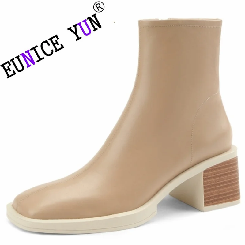 

【EUNICE YUN】Women Brand Genuine Leather Ankle Boots Square Toe Platform Thick High Heel Zipper Short Boot Ladies Autumn Winter