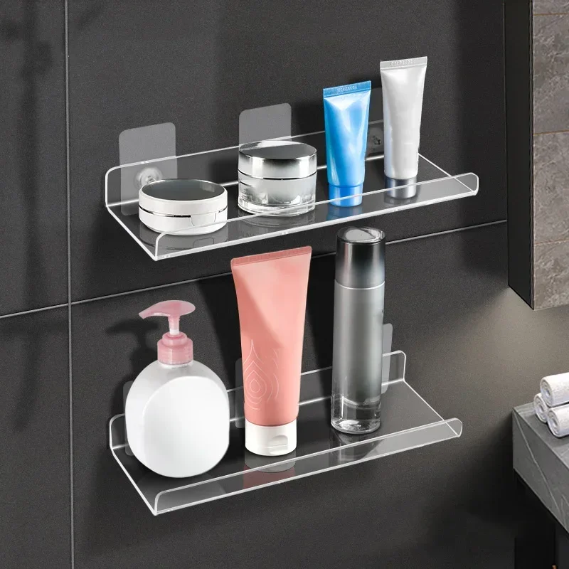 Acrylic Shelves Bathroom 1Pack Clear Shower Floating Shelf with Hooks  Transparent Wall Mounted No Drilling Thick Storage - AliExpress