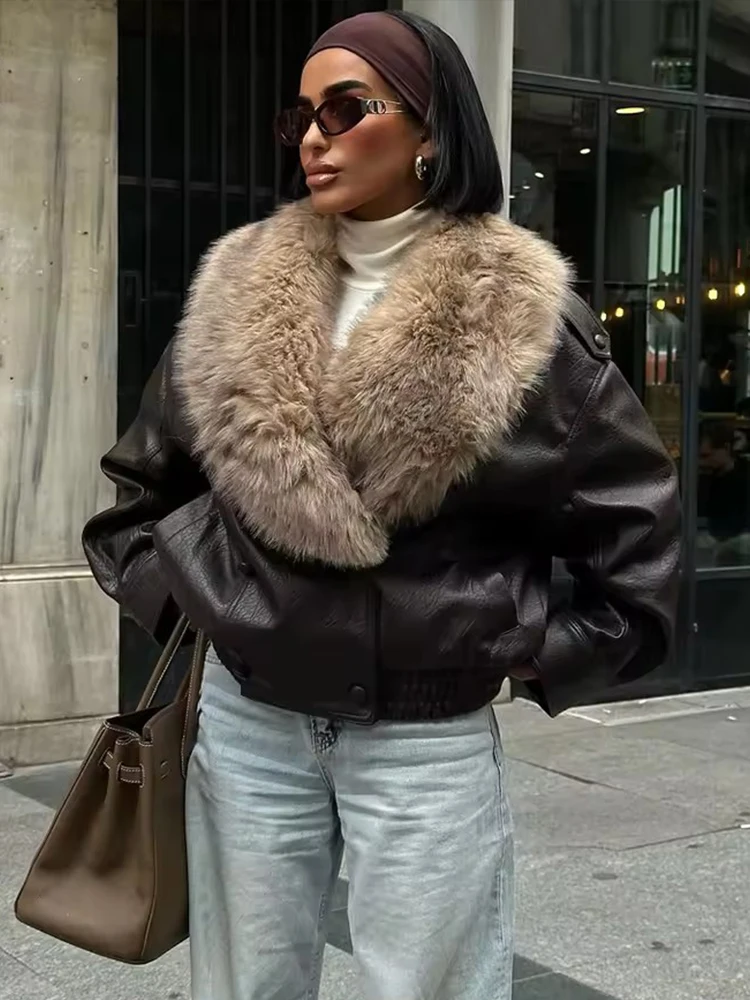 Winter Women Faux Leather Jacket Fashion Detachable Fur Collar Double-Breasted Oversized Coat Streetwear Casual New Outerwear