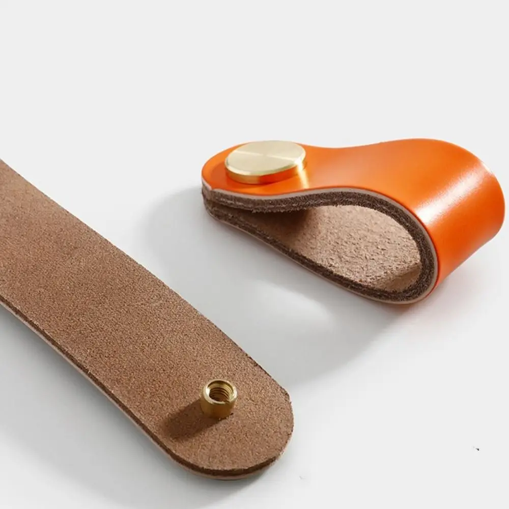 2Pcs Brass And Leather Door Handles For Cabinet Wardrobe Drawer Luxury Pull Knobs Furniture Handle Khaki Orange coffee Color