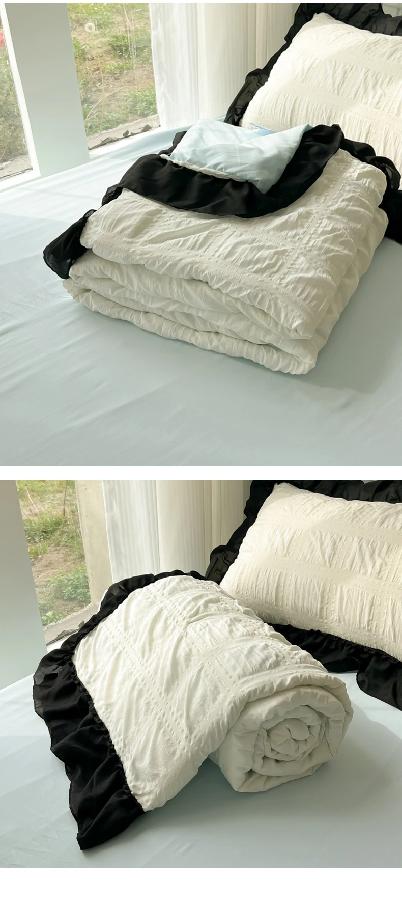 91 Home Textiles Network, the first-hand source of home textiles, looking for Home Textiles (Total) Ziqin 2025 new seersucker Korean version chiffon lace single summer quilt four-piece set