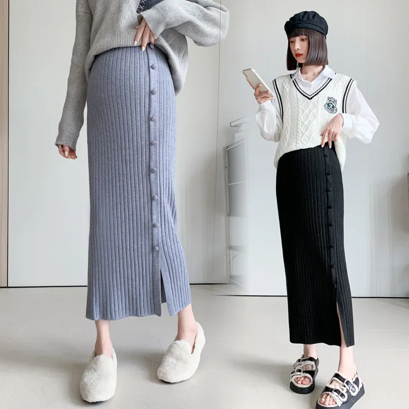 Maternity Skirt Knitted Mid-Length Wrap Body Side Slit One-Step Fashion Slimming Midi Half-length Autumn Winter