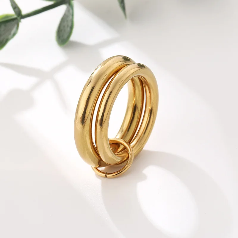 Vintage Double Round Circle Small Round Finger Ring for Women 18K Gold Plated Waterproof Stainless Steel Rings Hiphop Jewelry