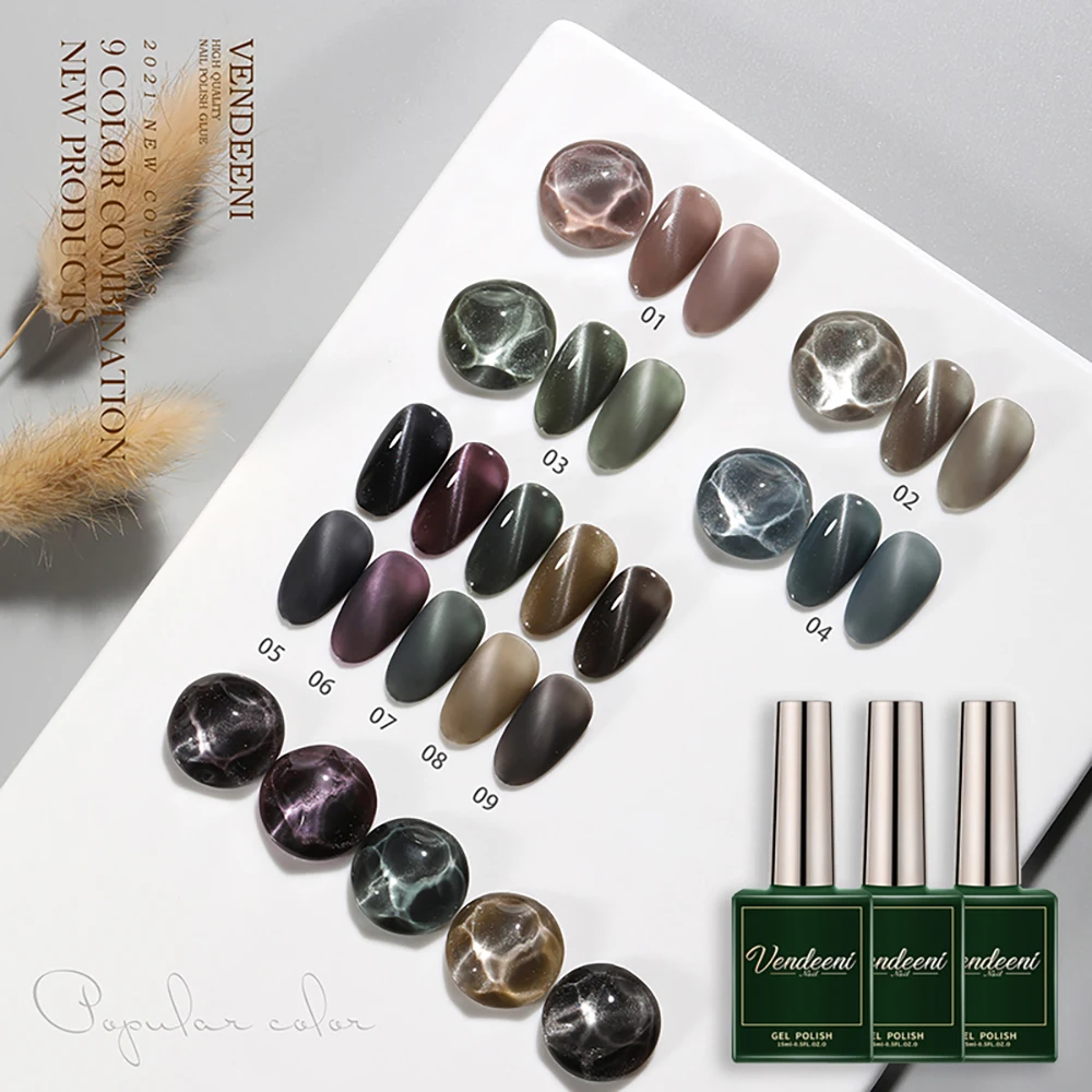 

Vendeeni 9 Colors Jazz Cat Eye Gel Nail Polish Magnetic Nail Art Gel Varnish Semi Permanent UV Soak Off Cat's Eye Gel Lacquer